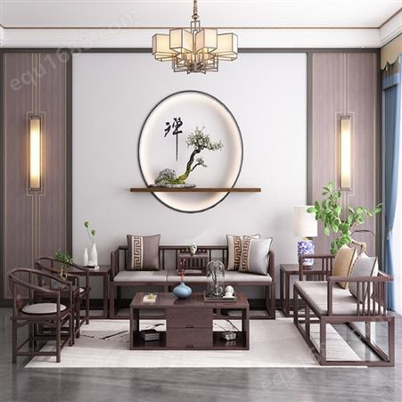 上海现代中式沙发 禅意木质沙发组合  新中式实木沙发组合工厂