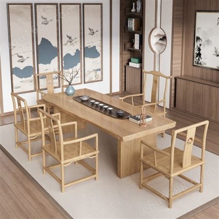 云南新中式茶桌椅组合套装 办公室实木喝茶桌功夫禅意茶桌椅 原木色茶台